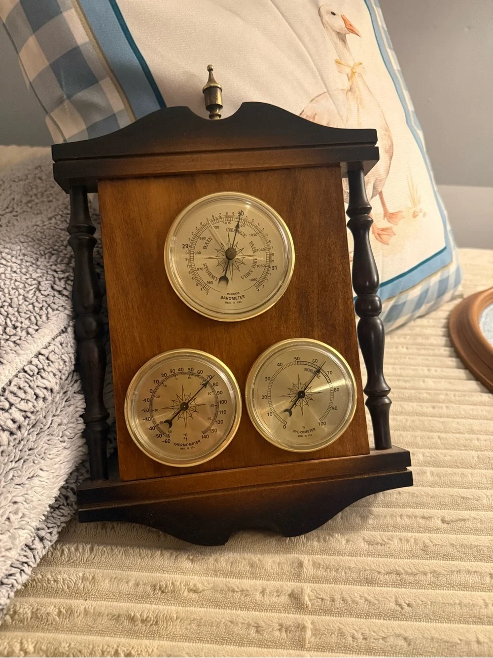 Vintage-Style Wall Weather Station with Brass Dials in Brown and Gold